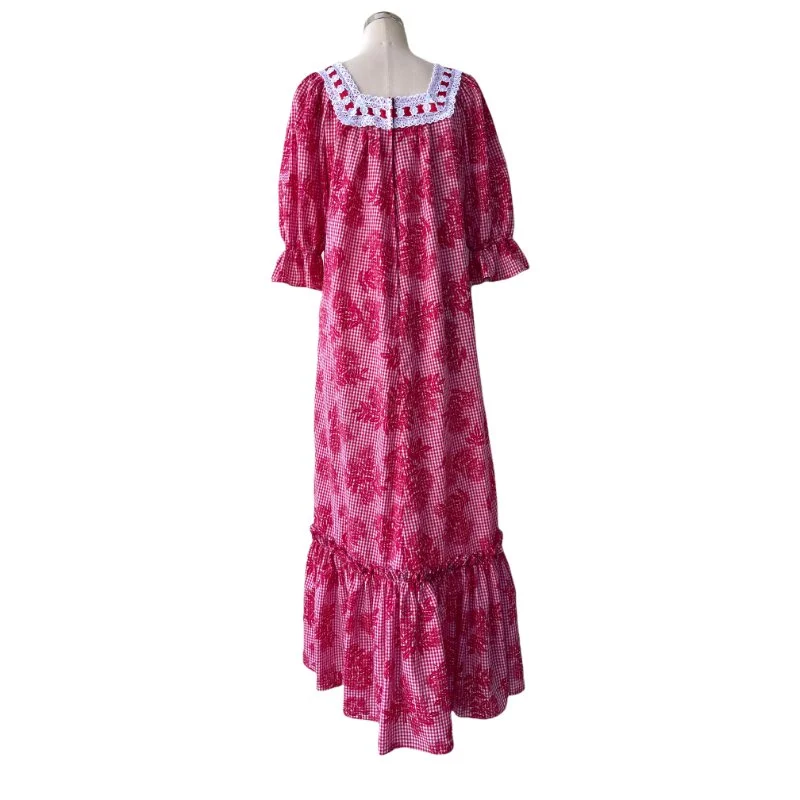 Red Gingham Check with Monstera Print Half Sleeve Muumuu with